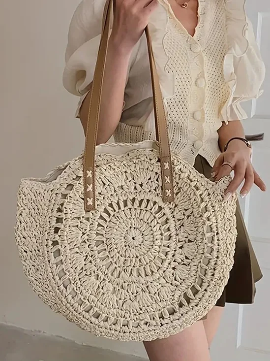 Summer Hollow Design Round Woven Women's Shoulder Straw Beach Bag