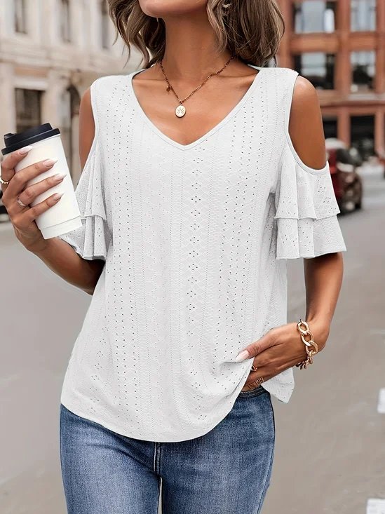 Off Shoulder Sleeve Plain Loose Casual V Neck T-Shirt