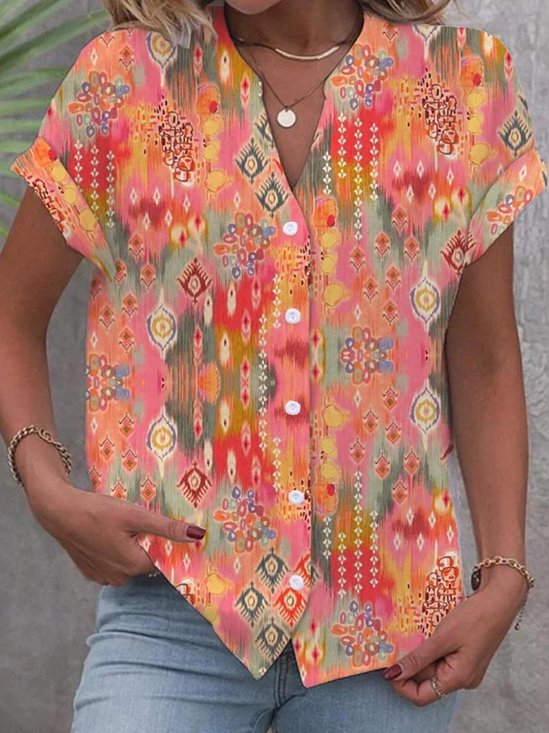 Plus size Abstract Casual V Neck Loose Blouse