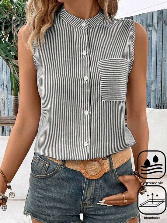 Striped Casual Stand Collar Loose Tank Top