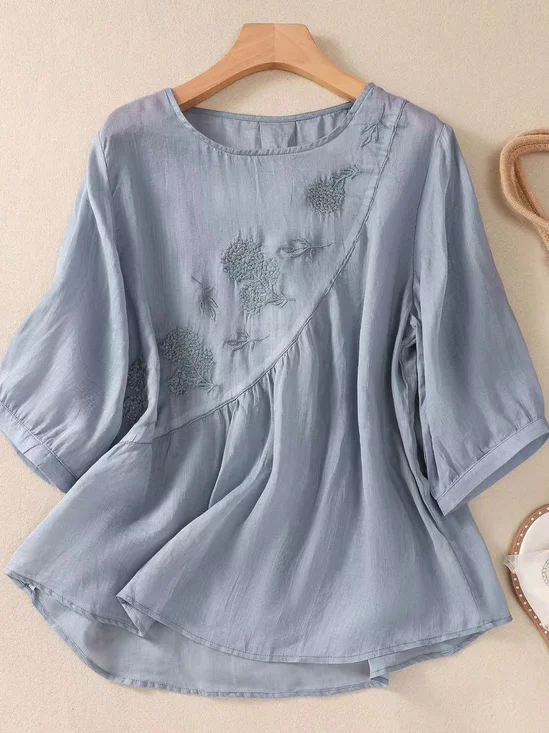 Cotton Plain Casual Crew Neck Blouse