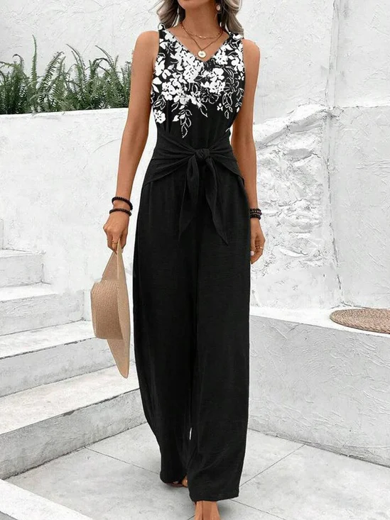 Loose V Neck Casual Knot Front Jumpsuit