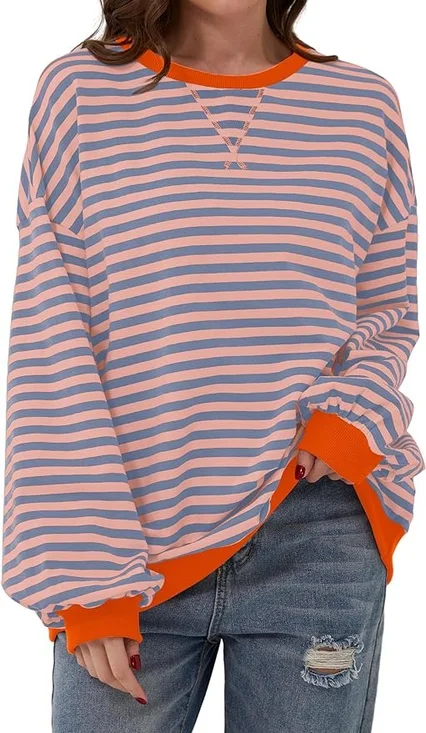 Women Striped Oversized Sweatshirt Color Block Crew Neck Long Sleeve Shirt Casual Pullover Top Fall Y2K Clothes