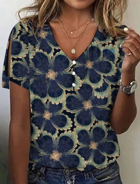 Casual Buckle Floral Loose T-Shirt