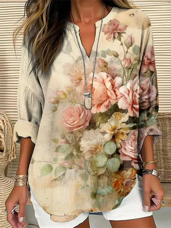 Casual Floral Notched Loose Shirt