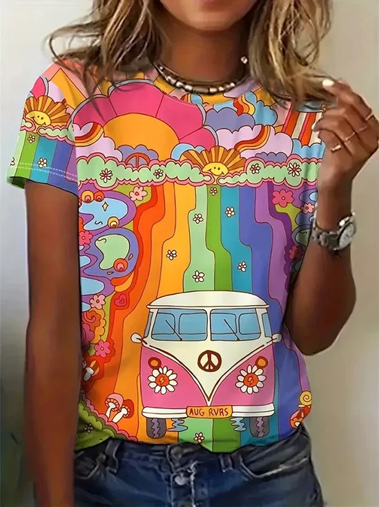 Women's Colorful Hippie Print Casual T-Shirt