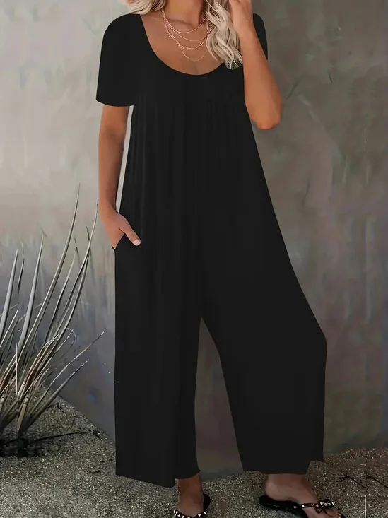 Crew Neck Casual Loose Plain Jumpsuit