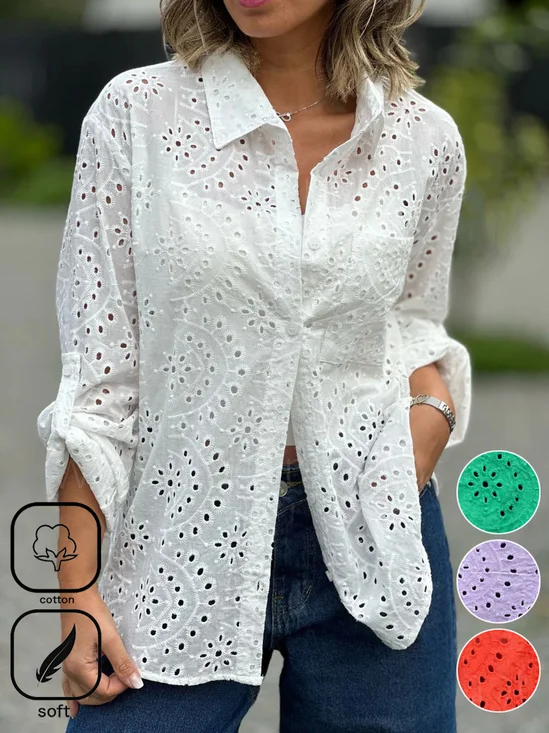Shirt Collar Embroidery Casual Loose Blouse