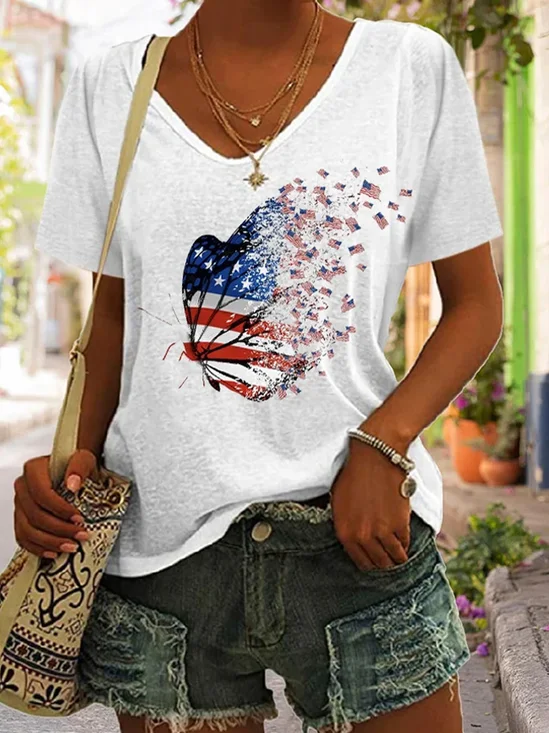 Women's independence Day Butterfly American Flag Print Casual T-Shirt
