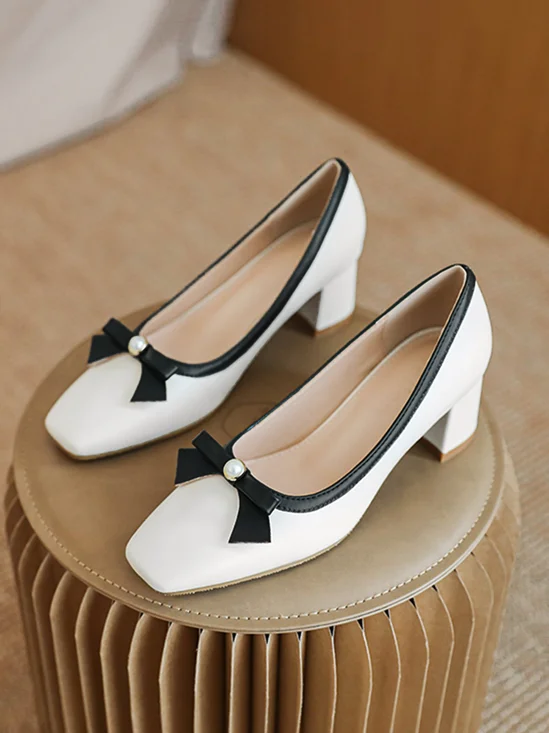 Elegant Imitation Pearl Bowknot Square Toe Block Heel Pumps