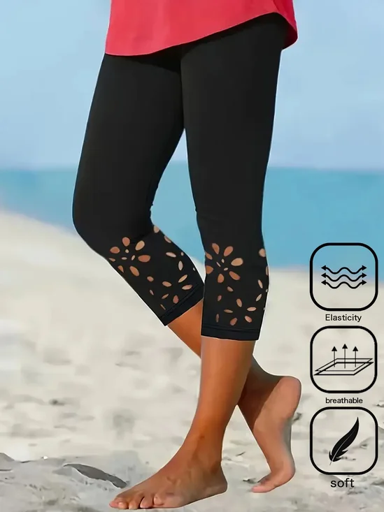 Casual Floral Hollow Out Leggings