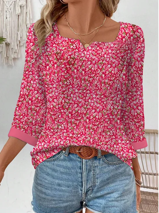 Women's Three Quarter Sleeve Shirt Spring/Fall Red Floral Notched Daily Going Out Casual Top