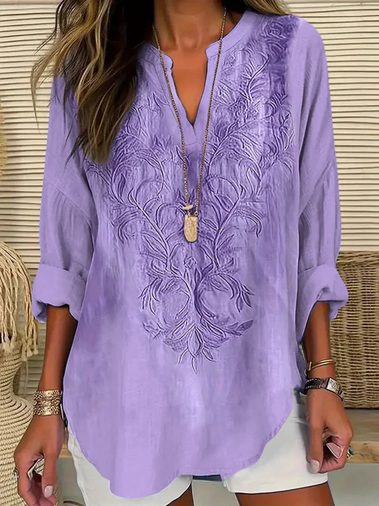 Women's Purple Flower Print V neck Long Sleeve Casual Shirt