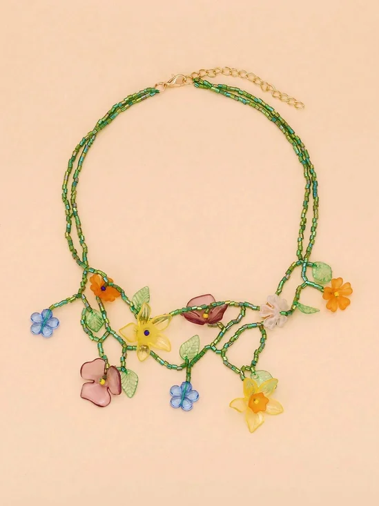 Boho Random Flower Beaded Multi-Layered  Necklace