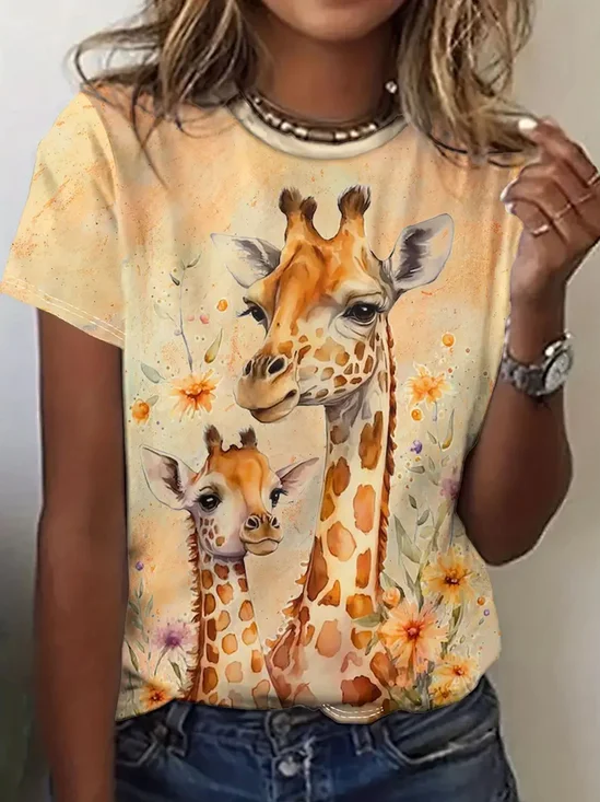 Vibrant Giraffe Floral Print T-shirt