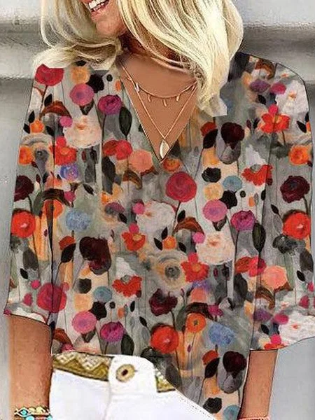 Women's Floral V Neck Daily Going Out Casual Top