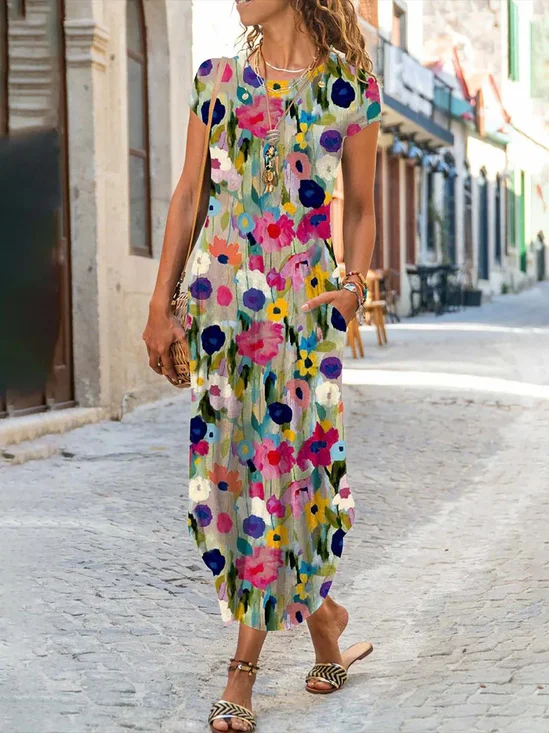 Casual Floral Loose Crew Neck Dress With No