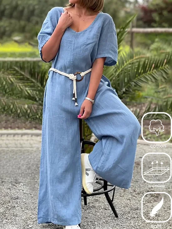 Loose Casual Crew Neck Cotton Jumpsuit With Belt