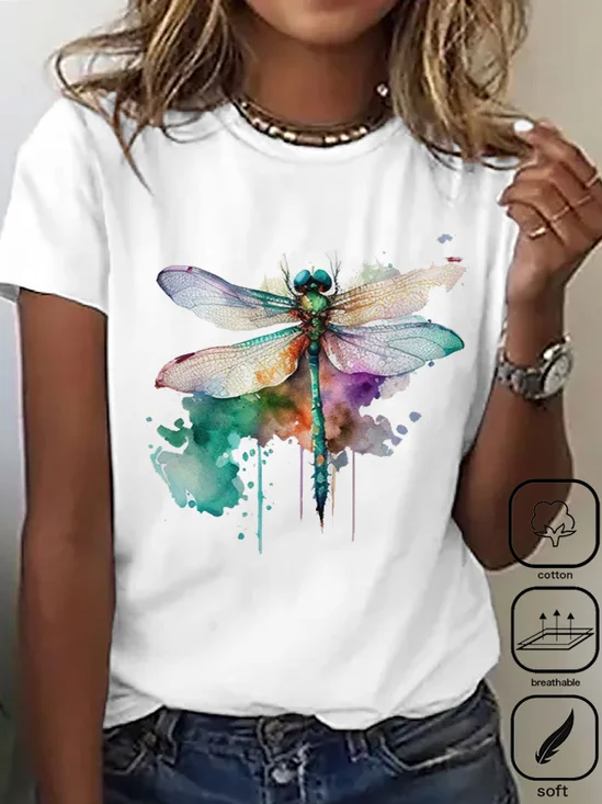 Plus Size Loose Dragonfly Casual Cotton T-Shirt