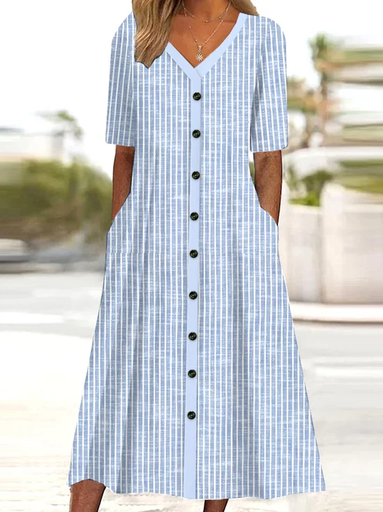 Cotton Casual V Neck Striped Dress With No