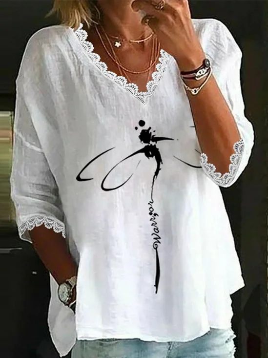 Women's Three Quarter Sleeve Blouse Spring/Fall White Butterfly Lace V Neck Daily Going Out Casual Top