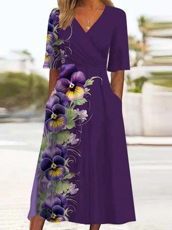 Women's Purple Floral Design Knitted Dress