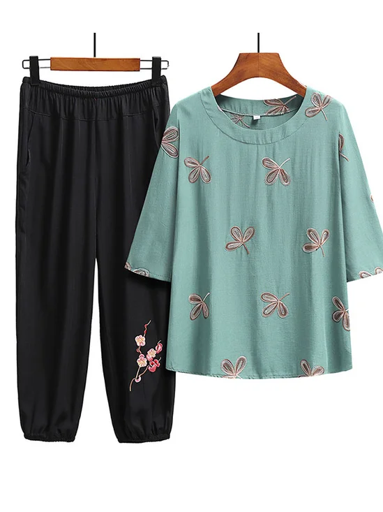 Floral Embroidery Casual Two-Piece Set