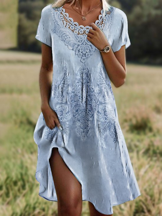 Women's Short Sleeve Summer Light Blue Floral Lace Shirt Collar Daily Going Out Casual Midi A-Line