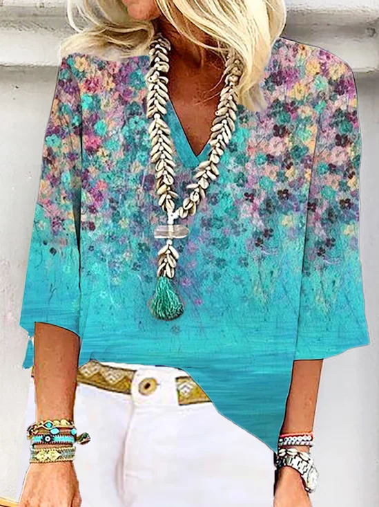 Floral Casual V Neck Loose Blouse
