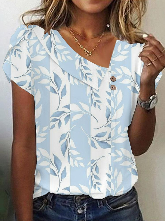 Women's Short Sleeve Blouse Summer Blue Floral Daily Going Out Casual Top