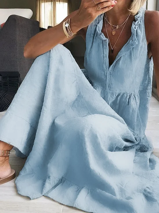 Cotton Casual V Neck Loose Dress