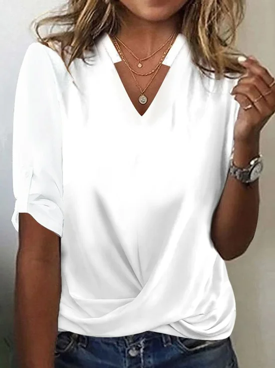 V Neck Casual Knot Front T-Shirt