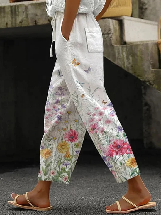 Women's  Drawstring H-Line Baggy Pants Daily Going Out Pants White Casual Floral Spring/Fall Pants