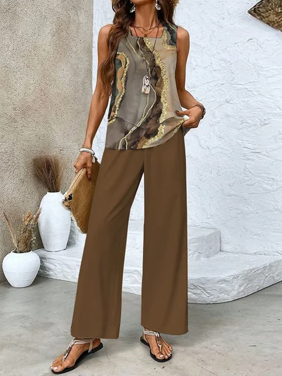 Women's Abstract Daily Going Out Two-Piece Set Brown Casual Summer Top With Pants Matching Set
