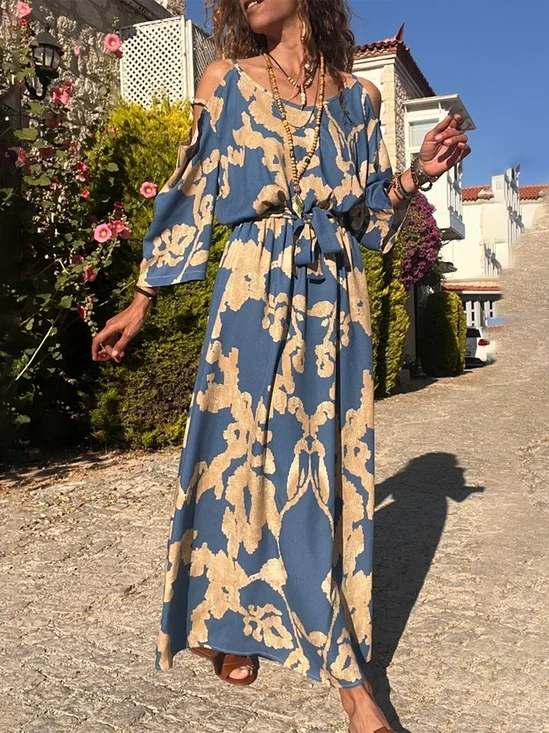 Women's Long Sleeve Spring/Fall Blue Floral Crew Neck Daily Going Out Casual Maxi A-Line Dress