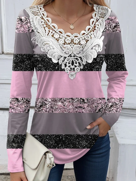 Casual Crew Neck Lace Edge T-Shirt