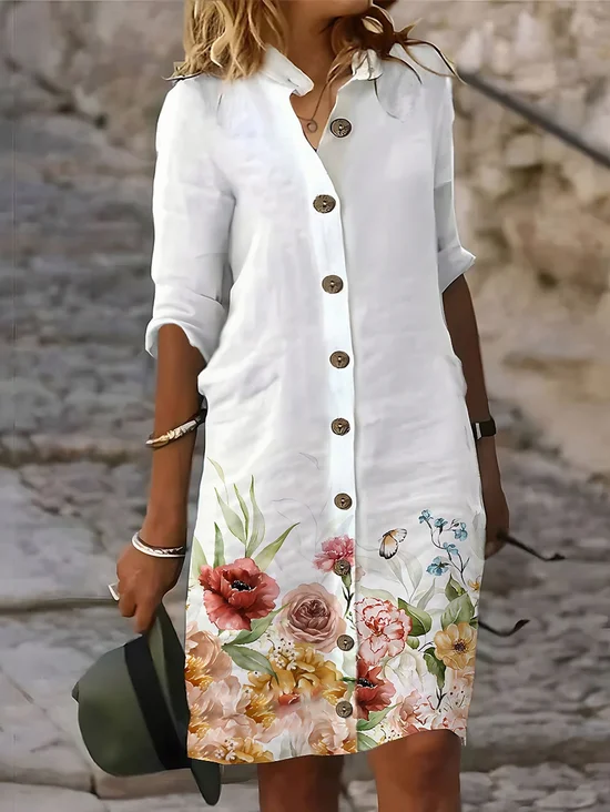 Buttoned Floral Casual Shirt Collar Dress
