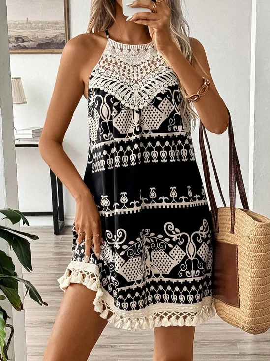 Women's Sleeveless Summer Black Ethnic Lace Crew Neck Daily Going Out Casual Mini A-Line Tank Dress