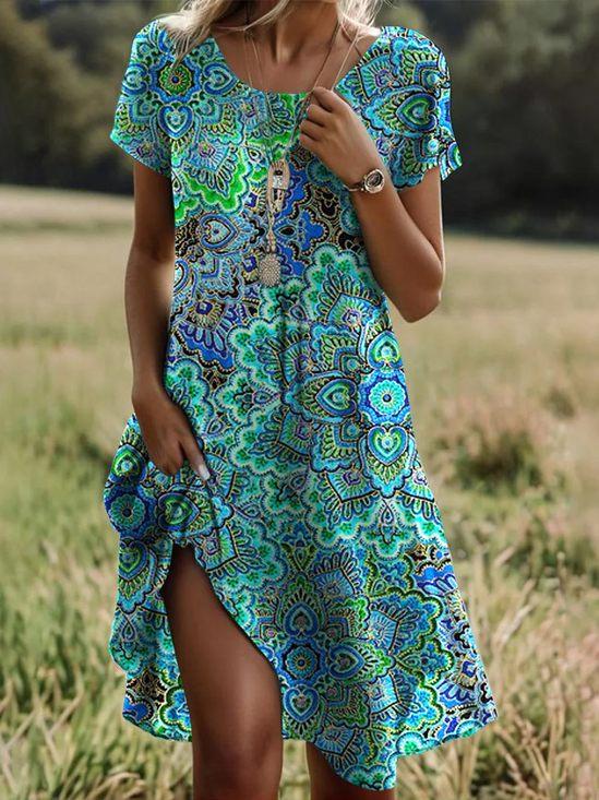 Women's Ethnic Round Neck Design Knitted T-Shirt Dress