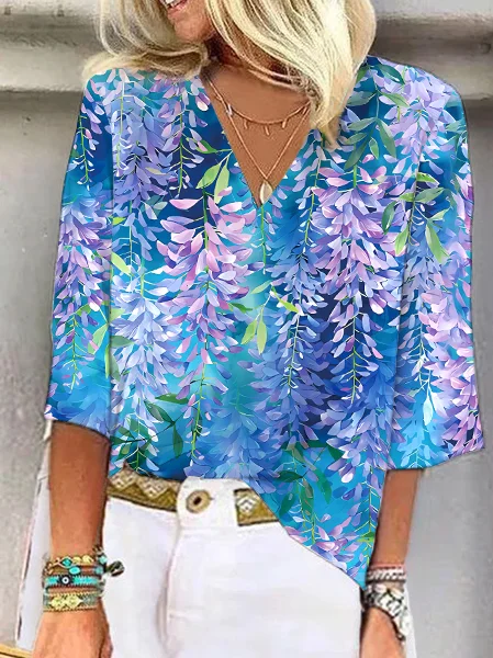 Women's Half Sleeve Blouse Summer Blue Floral V Neck Daily Going Out Casual Top