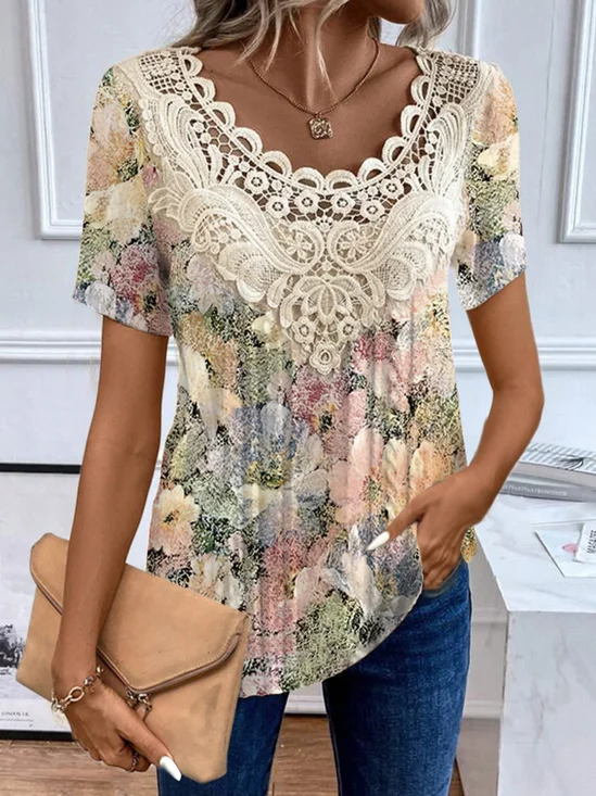 Women's Short Sleeve Blouse Summer Yellow Floral Lace Jersey Crew Neck Daily Going Out Casual Top