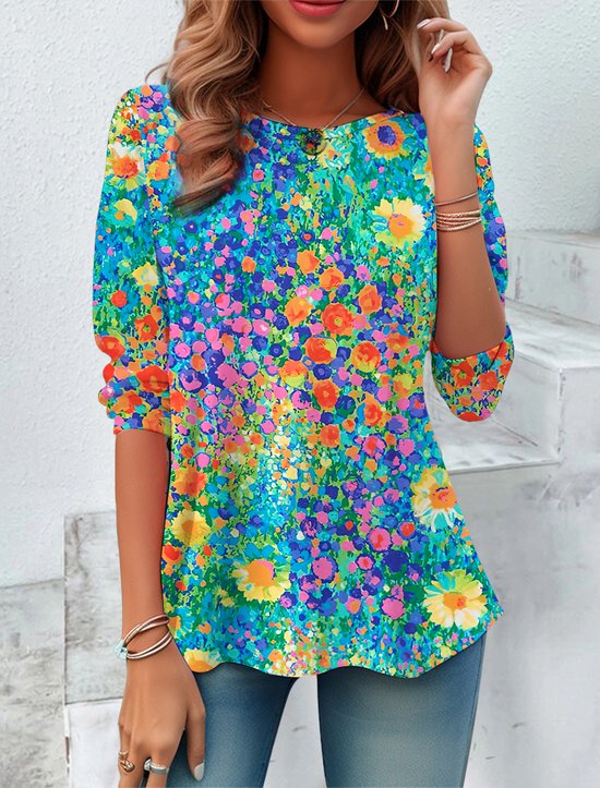 Women's Floral Design Long-Sleeved Loose Casual T-Shirt