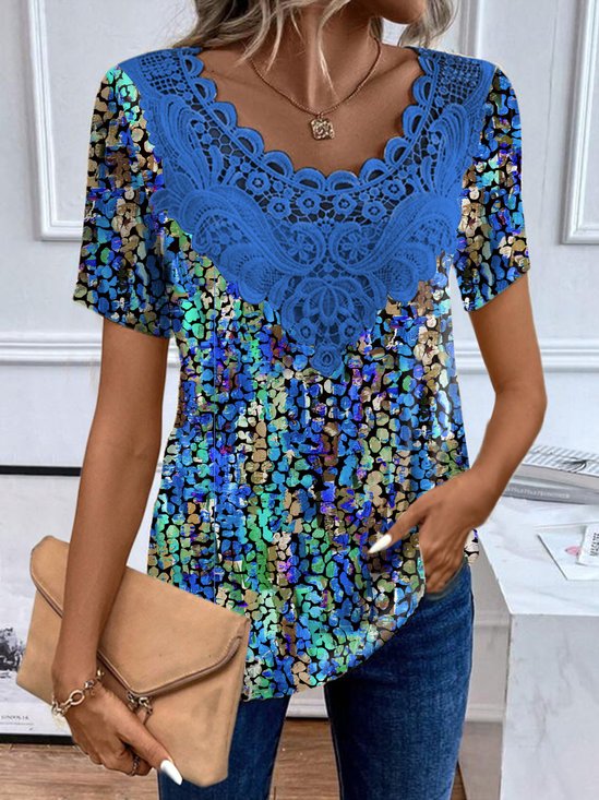 Women's Short Sleeve Blouse Summer Blue Colorblock Lace Jersey Crew Neck Daily Going Out Casual Top