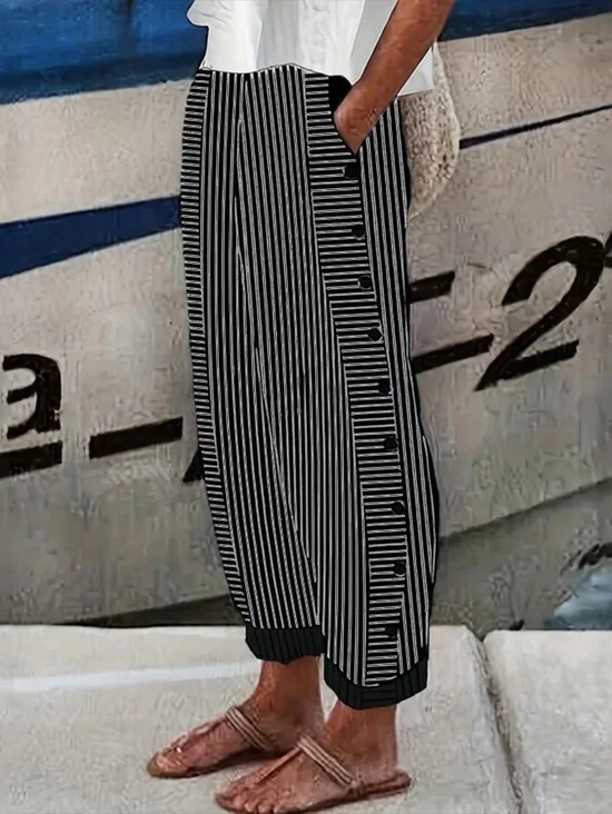 Black-White Striped Casual Pants