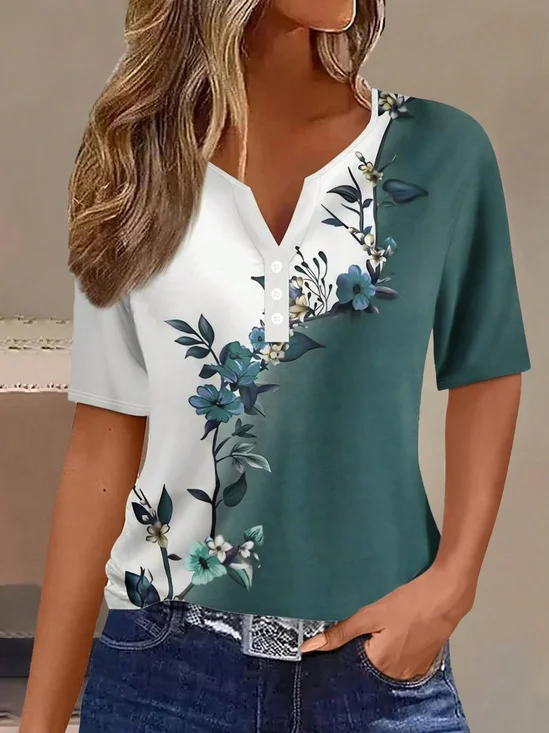 Women's Short Sleeve Blouse Summer Green Floral Buckle Notched Daily Going Out Casual Top