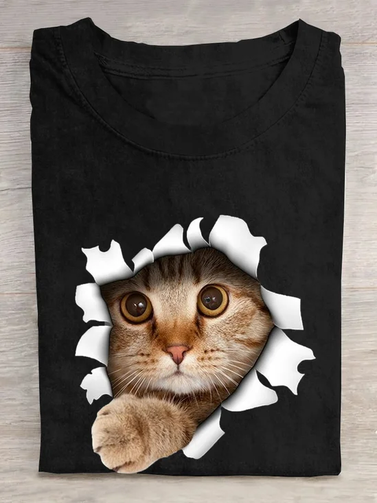Casual Cat Loose Cotton T-Shirt