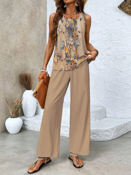 Women's Floral Daily Going Out Two-Piece Set Khaki Casual Summer Top With Pants Matching Set