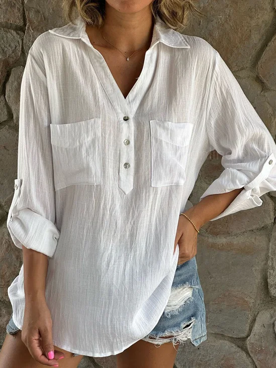 Casual V Neck Buttoned Cotton Blouse