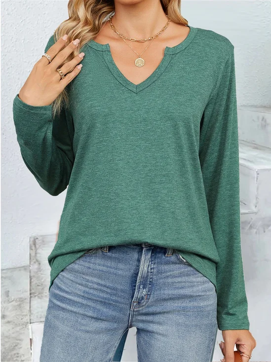 Notched Plain Loose Casual T-Shirt