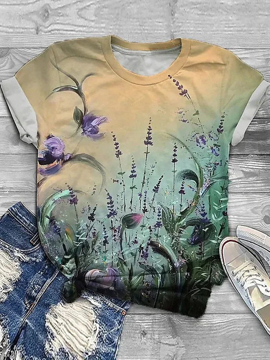 Casual Floral Jersey Crew Neck T-Shirt